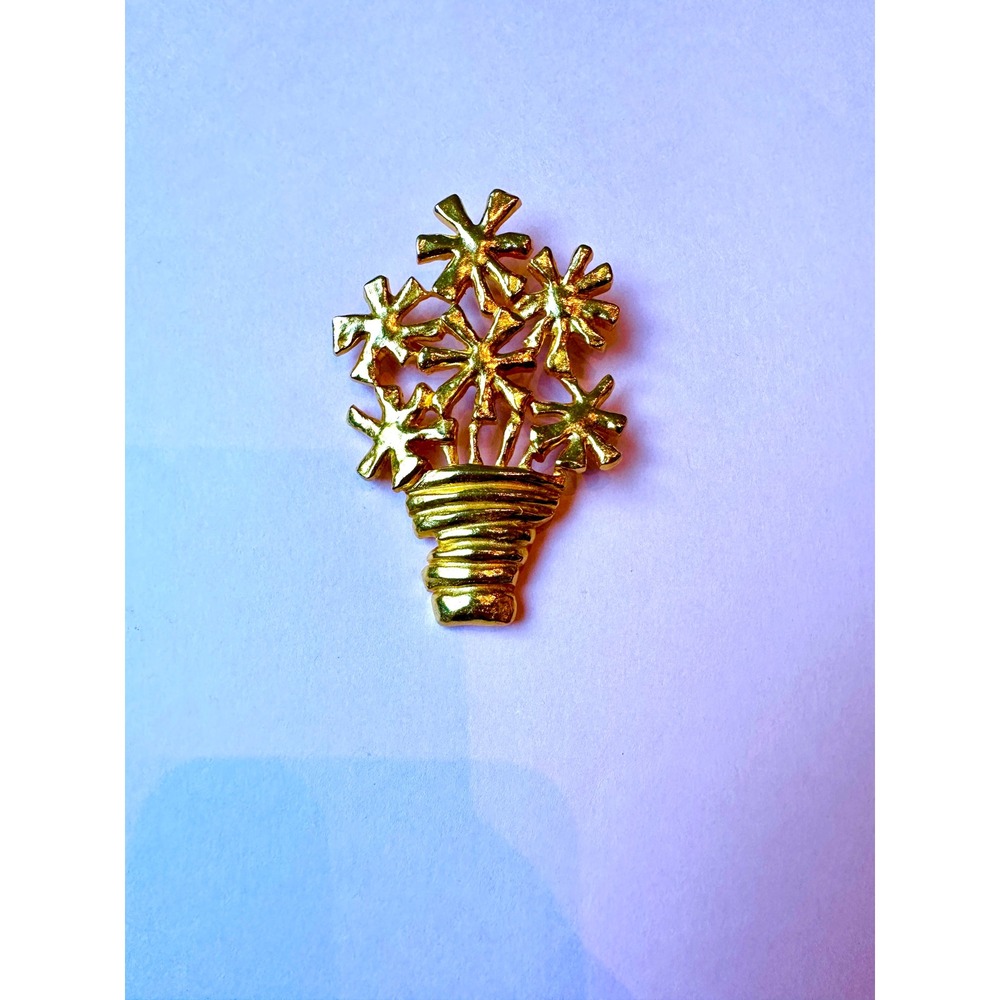 Vintage 1970s Hanae Mori Paris Gold Tone Flower Pot Brooch Large Statement Pin